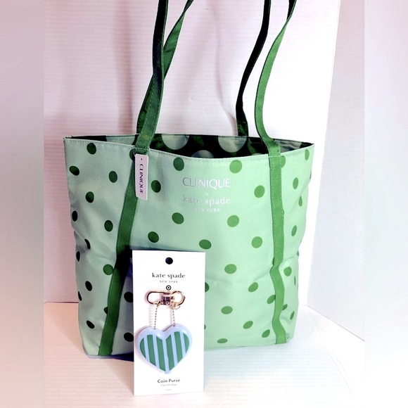 kate spade Handbags - Kate Spade New Green Polka Dot Tote and Kaye Spade Coin Pouch Bag Charm